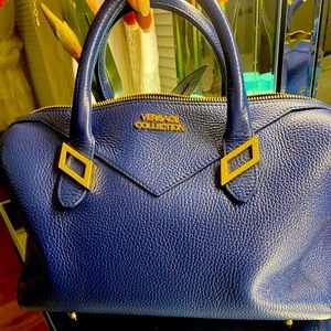 Versace Collection handbag in silver hardware. Blue